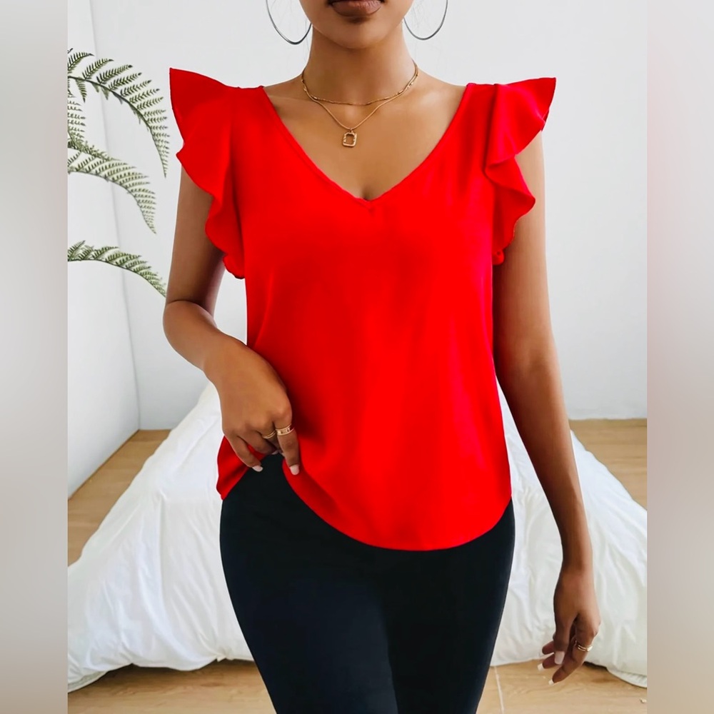 Vibrant Red Sleeveless Ruffled Blouse